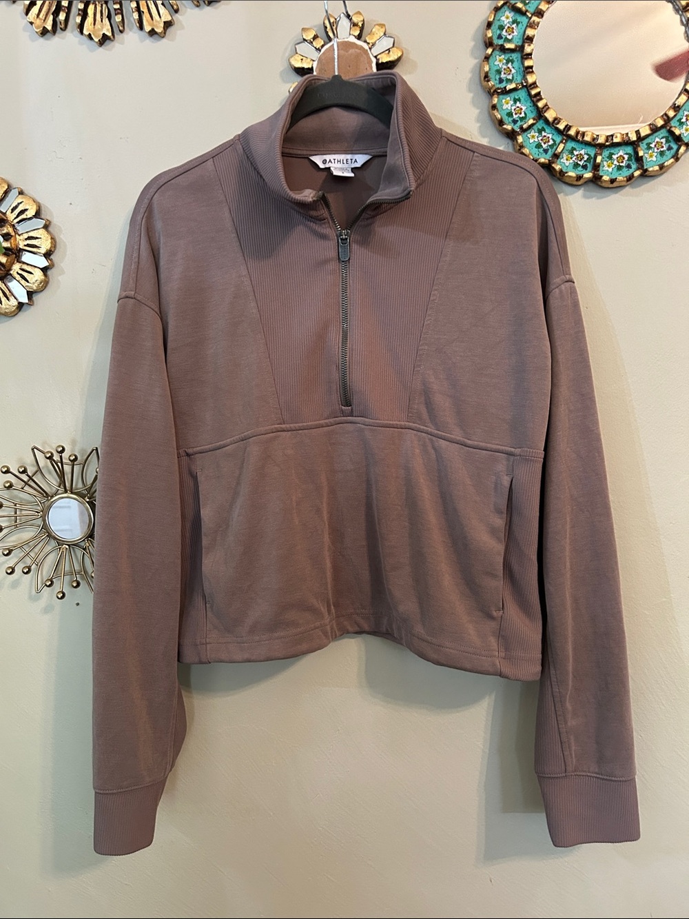 Athleta Seasoft Rib 1/4 Zip Popover Brown Size Small Suede Soft - Picture 3 of 7